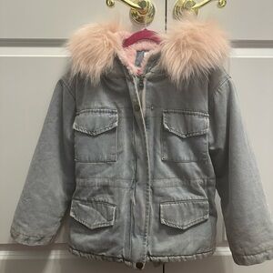 Denim Fur Hooded Winter Coat Jacket